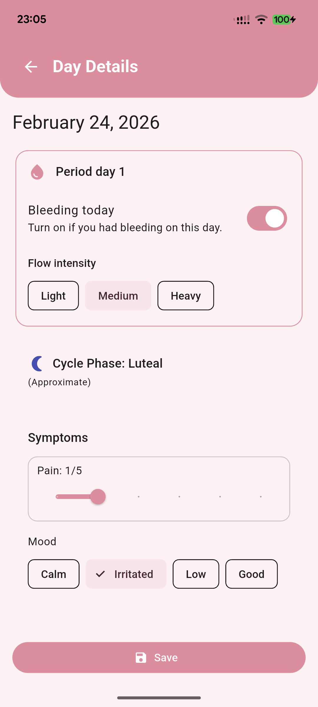 [SCREENSHOT: Day details / Symptoms]